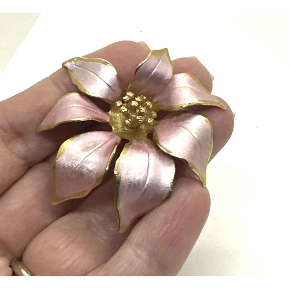 Vintage Cerrito Poinsettia Pink Enamel Flower Pin Brooch 